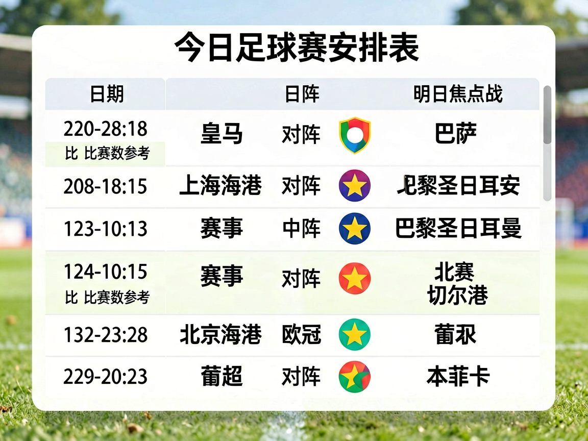 今日足球赛程安排表，展示各大联赛比赛时间和对阵信息